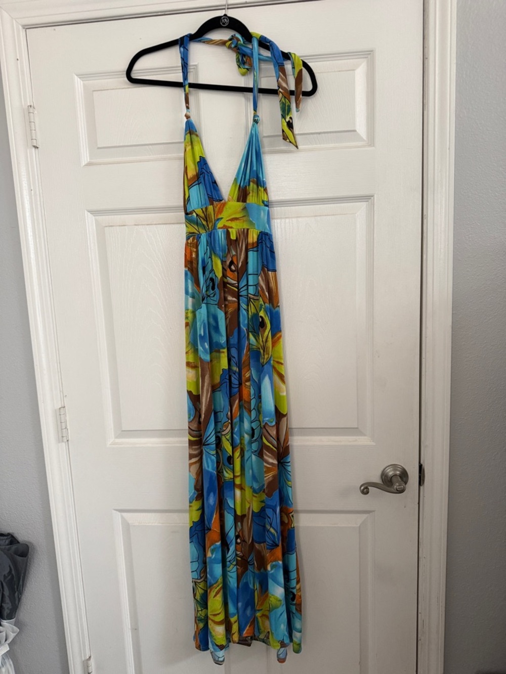 S-Twelve Tropical Print Halter Dress in Blue, Lime, Brown and Orange